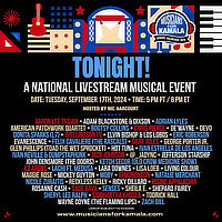 TONIGHT! A NATIONAL LIVESTREAM MUSICAL EVENT / DATE: TUESDAY, SEPTEMBER 17TH, 2024 � TIME: 5 PM PT / 8 PM ET / HOSTED BY NIC HARCOURT - - - AARON LEE TASJAN � ADAM BLACKSTONE & DIXSON � ADRIAN LYLES � AMERICAN PATCHWORK QUARTET � BOOTSY COLLINS � CHRIS PIERCE � DE'WAYNE � DEVO DONITA SPARKS (L7) � @ELLINGSON.TV � ELVIN BISHOP & LOS LOBOS � ERIC ROBERSON EVANESCENCE � FELIX CAVALIERE (THE RASCALS) � GARY JULES � GEORGE PORTER JR. � GLEN PHILLIPS TOAD THE WET SPROCKET) � HOT TUNA � IVAN ESTRELLA DE LOS ANGELES � IVAN NEVILLE & DUMPSTAPHUNK � JACK JOHNSON � @_JADYNC � JEFFERSON STARSHIP � JOHN DENSMORE (THE DOORS) � KETCH SECOR COLD CROW MEDICINE SHOW) KII ARENS � LACHI FT. MEDUSA � LARA DOWNES � LISA LOEB � LIVING COLOUR � MAGGIE ROSE � MICKEY GUYTON � MOBY � @MONONEON � NATALIE MERCHANT � NICOLE ZURAITIS � RECKLESS KELLY � RICKY DILLARD � RISING APPALACHIA ROSANNE CASH � SAGE BAVA � SENSES � SHEILA E. � SHEPARD FAIREY� SHERYL LEE RALPH � SIDDHARTHA KHOSLA � TODRICK HALL � WAYNE COYNE (THE FLAMING LIPS) � ZACH GILL - - - LINEUP SUBJECT TO CHANGE - - - www.musiciansforkamala.com